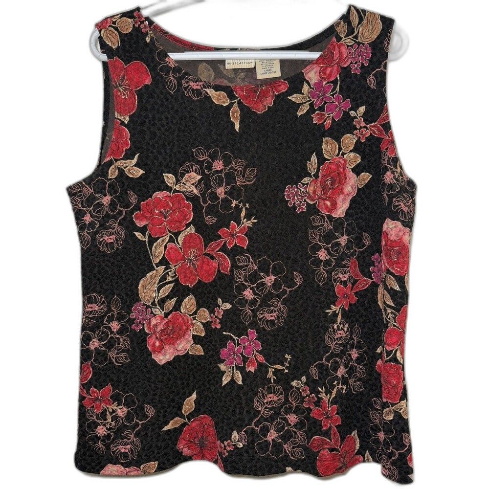 White Stag Raised Texture Floral Tank Top Large 12/14 Black Red Gold USA